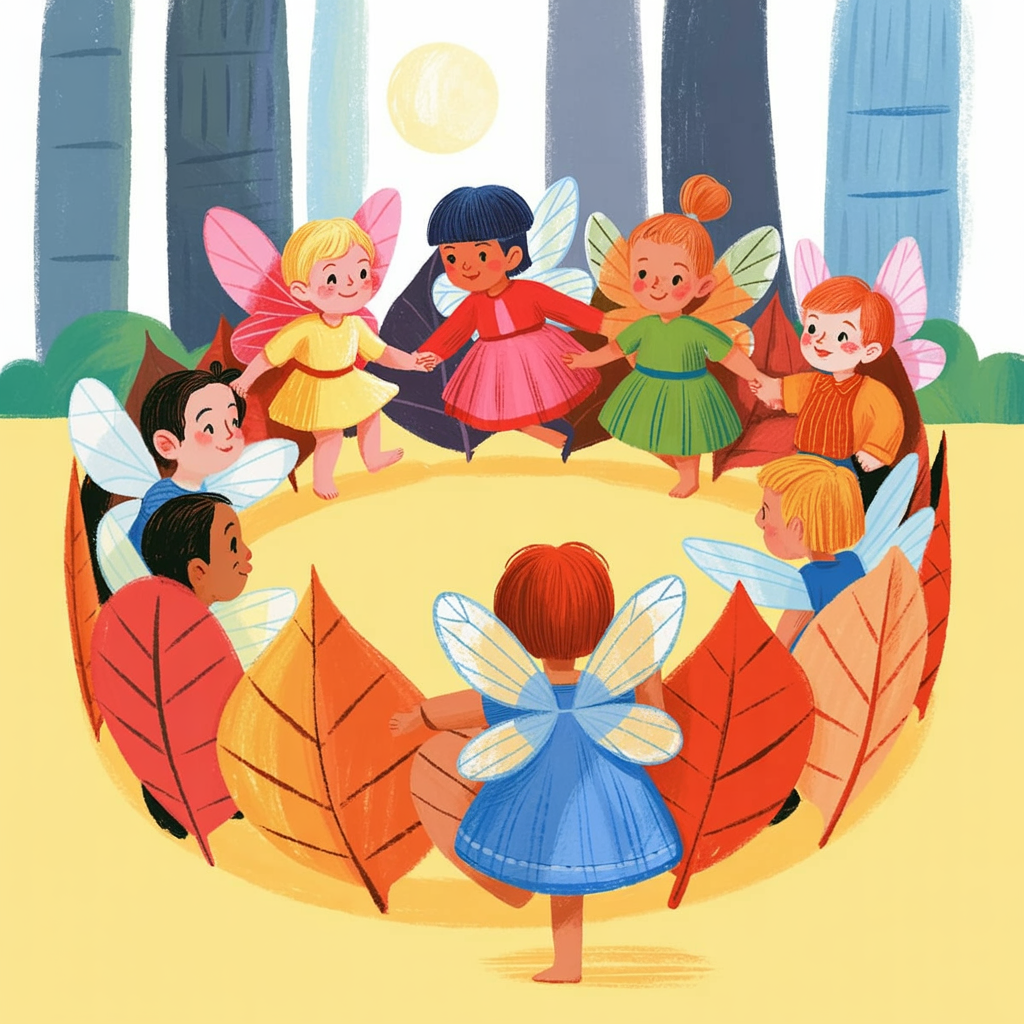 Children's book illustration of fairies dancing in a leaf ring