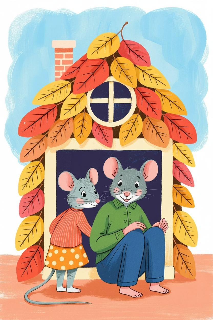 Children's book illustration of mice in a leaf house