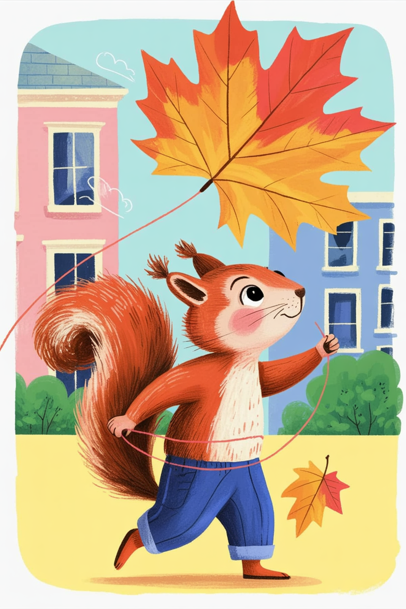 Children's book illustration of a squirrel with a leaf kite