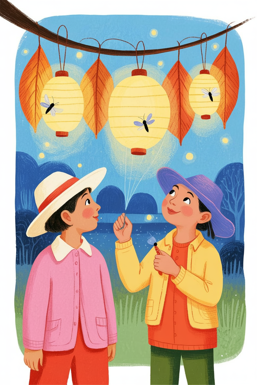 Children's book illustration of leaf lanterns with fireflies