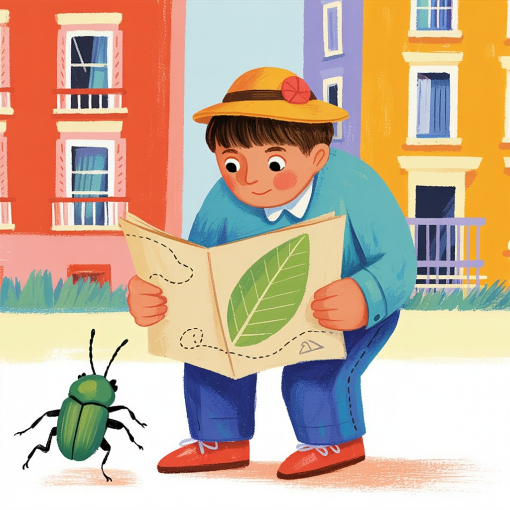 Children's book illustration of a beetle with a leaf map