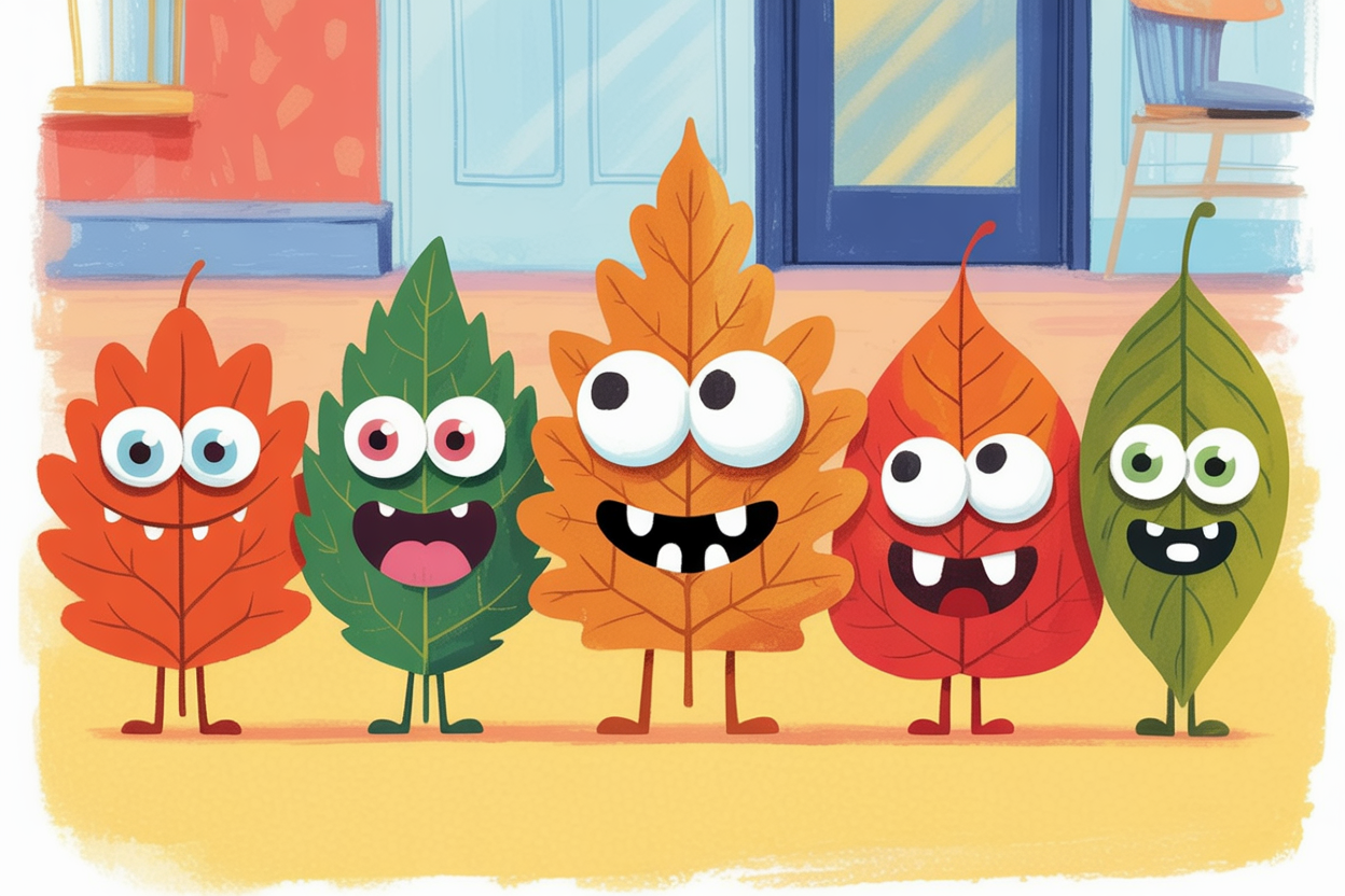 Children's book illustration of leaf monster characters