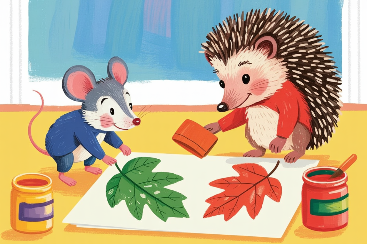 Children's book illustration of animals making leaf prints