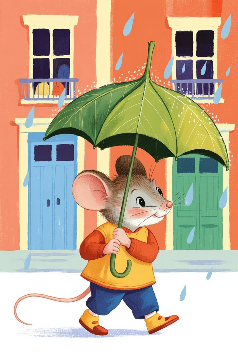 Children's book illustration of a mouse with a leaf umbrella