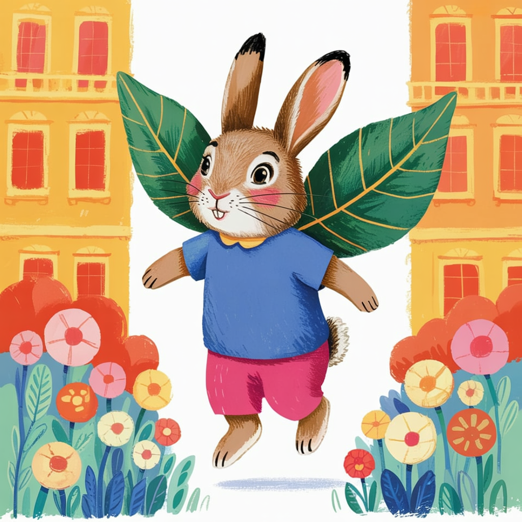 Children's book illustration of a rabbit with leaf wings