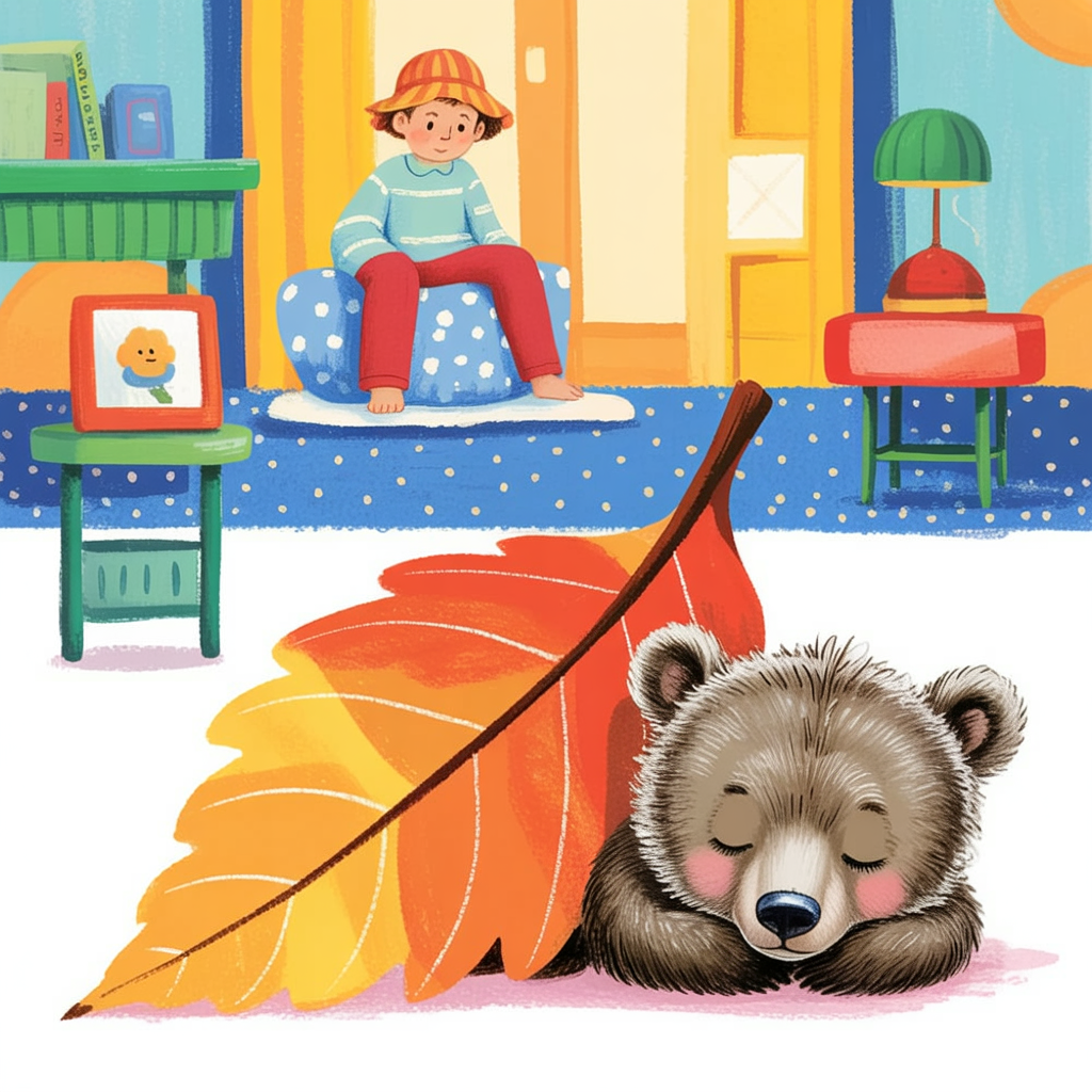Children's book illustration of a bear cub under a leaf