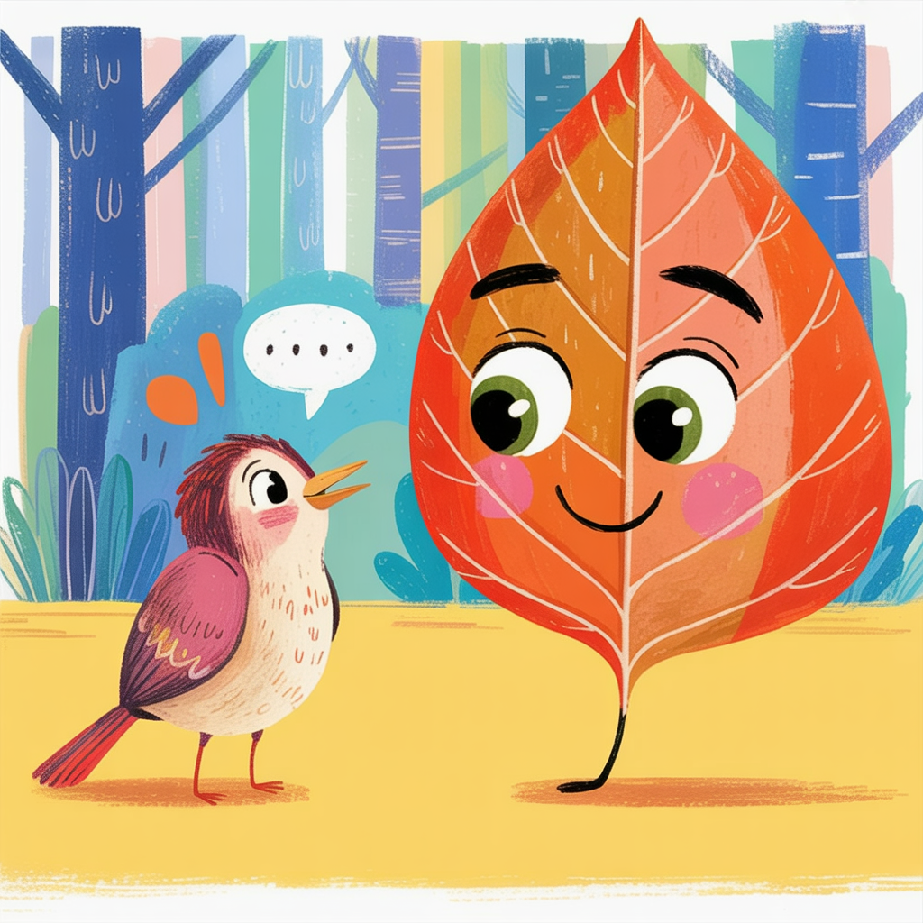 Children's book illustration of a friendly talking leaf