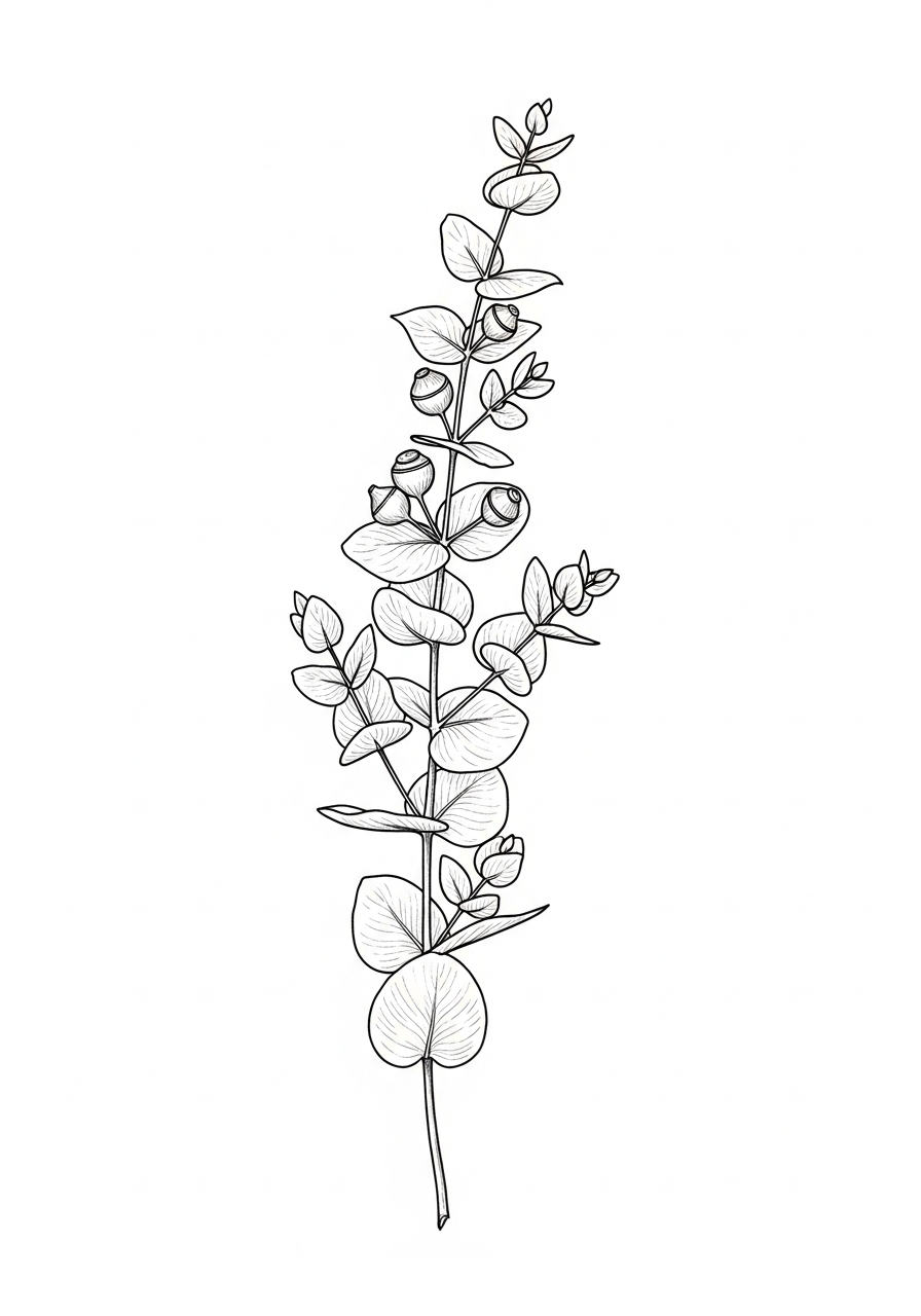 Line art illustration of a eucalyptus branch