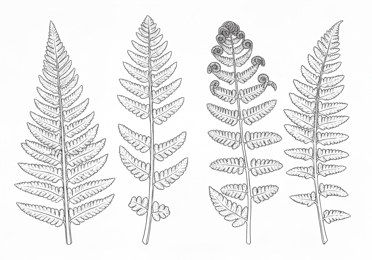 Line art illustration of fern fronds