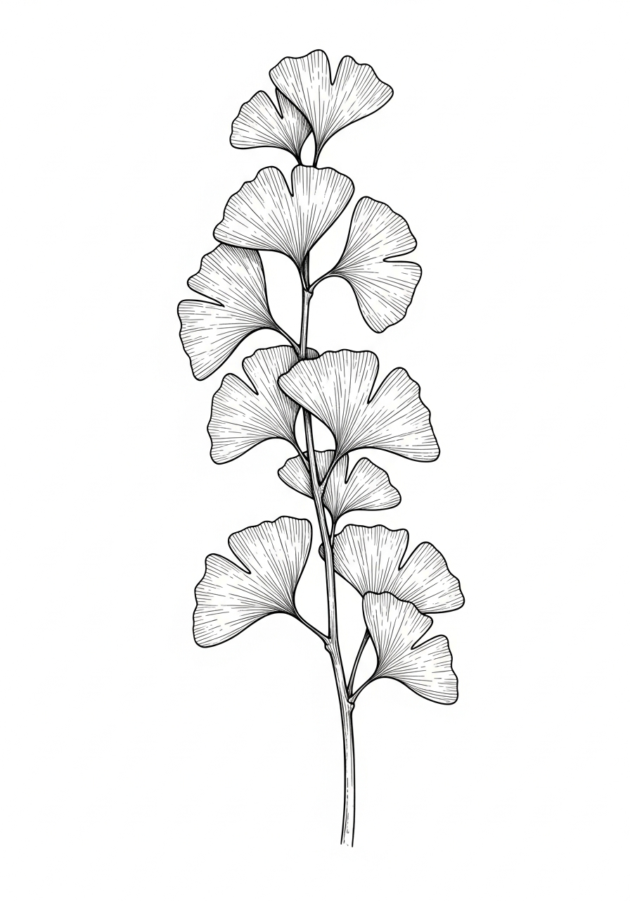 Line art illustration of a ginkgo branch