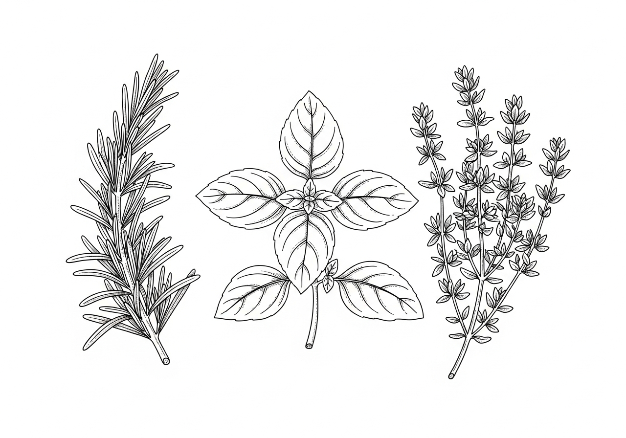 Line art illustration of herb sprigs