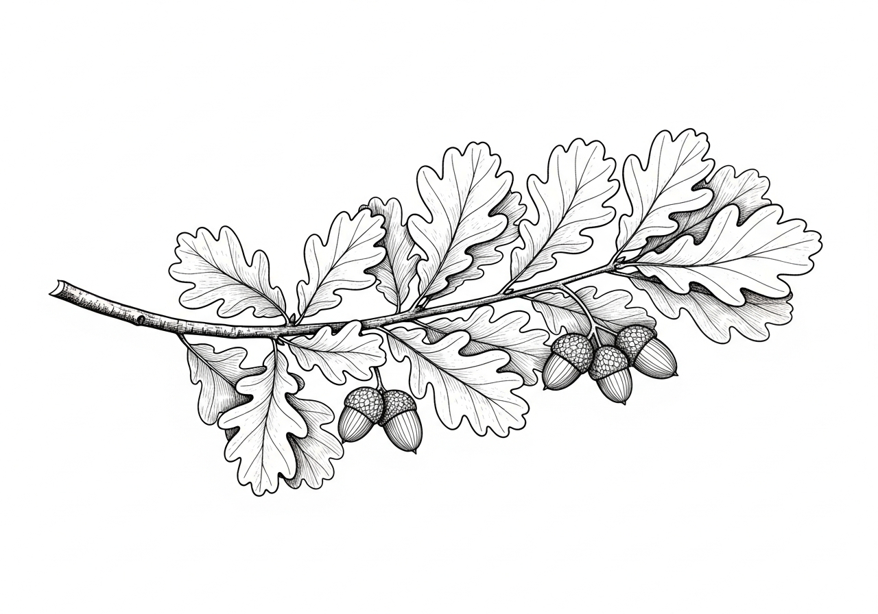 Line art illustration of an oak branch