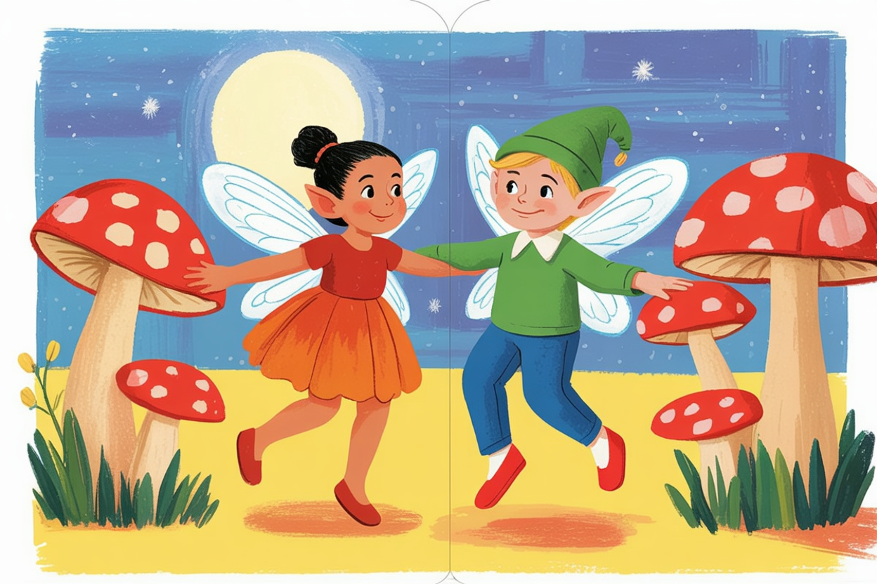 Children's book illustration of fairies dancing in a mushroom ring