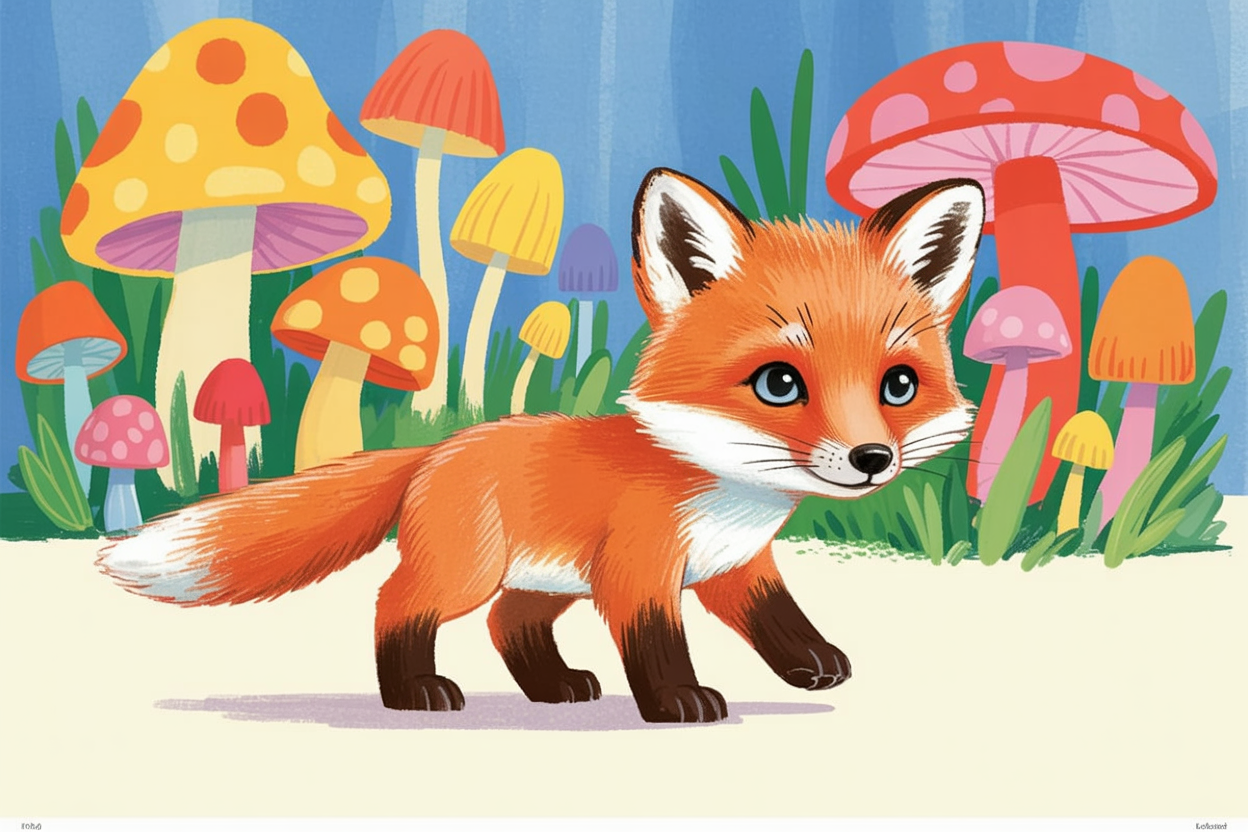 Children's book illustration of a fox in a glowing mushroom cave