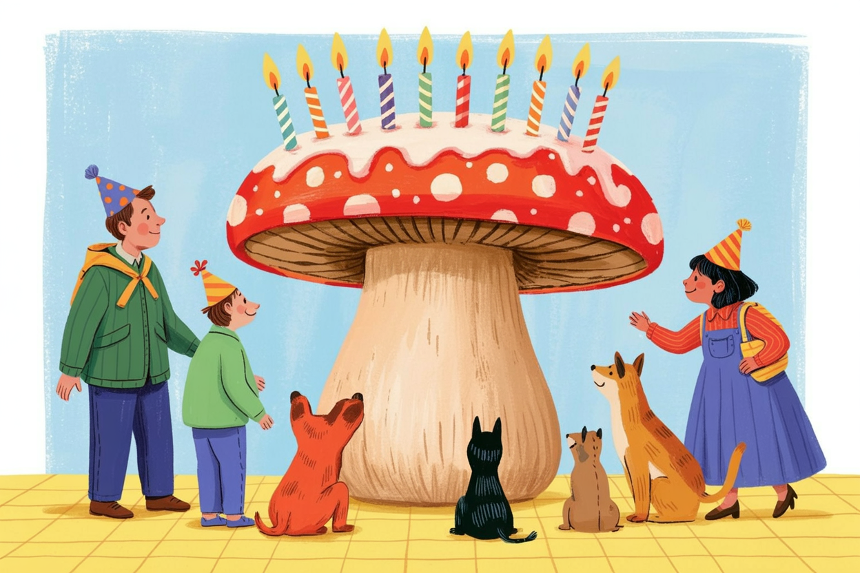 Children's book illustration of a mushroom birthday celebration