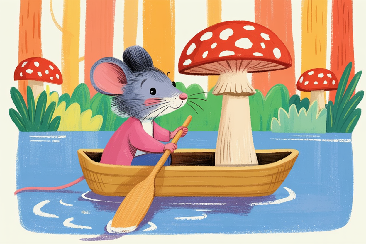 Children's book illustration of a mouse in a mushroom boat