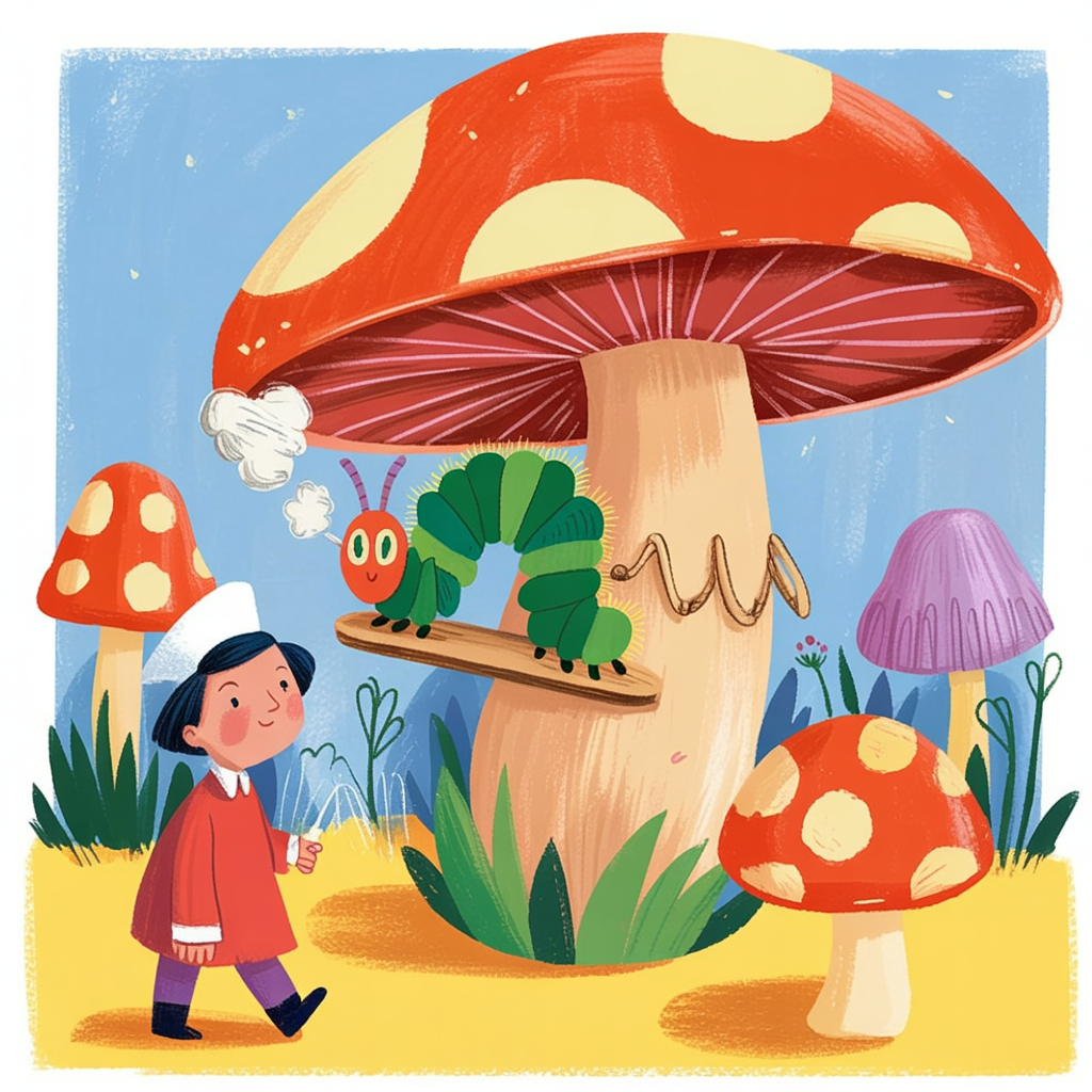 Children's book illustration of a caterpillar on a mushroom