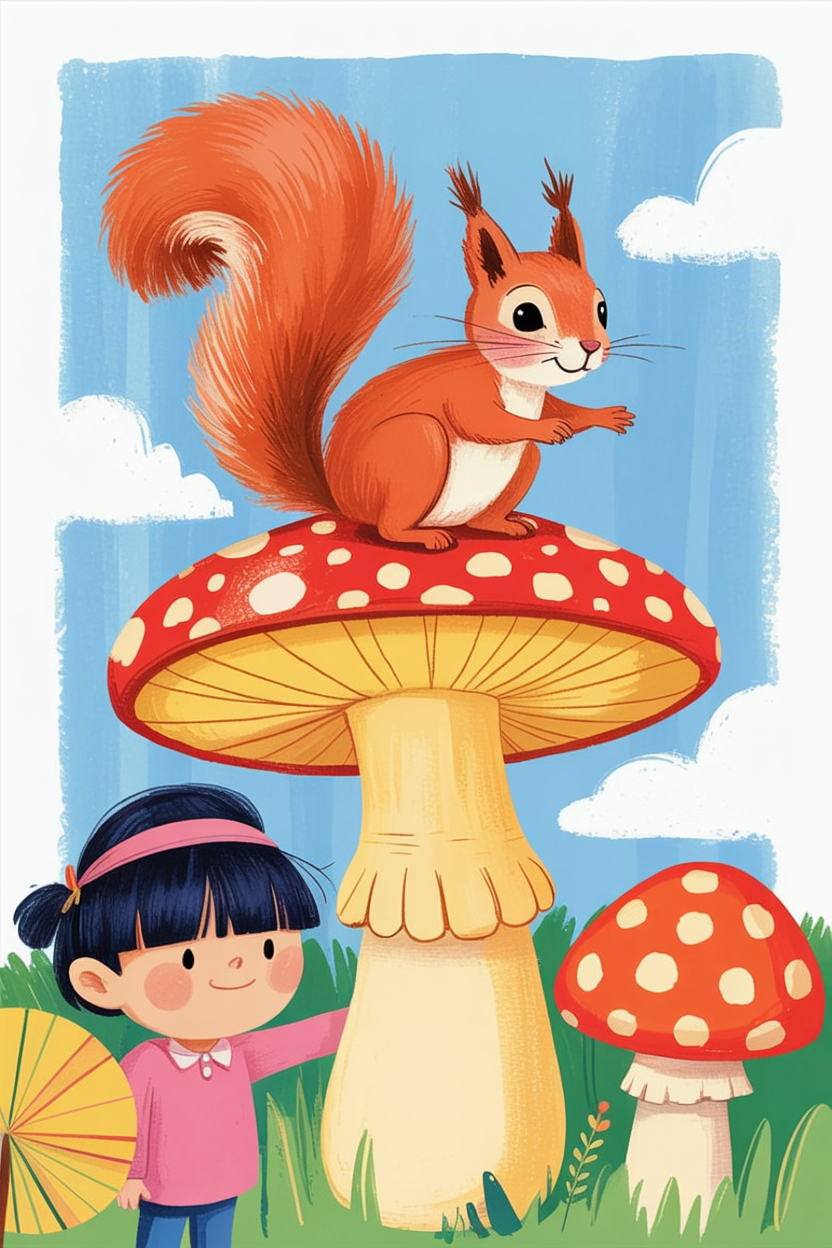 Children's book illustration of a squirrel on a flying mushroom