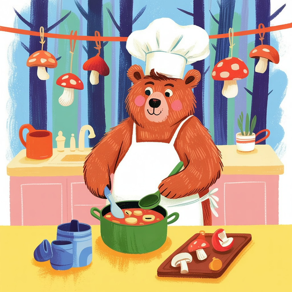 Children's book illustration of a bear cooking with mushrooms