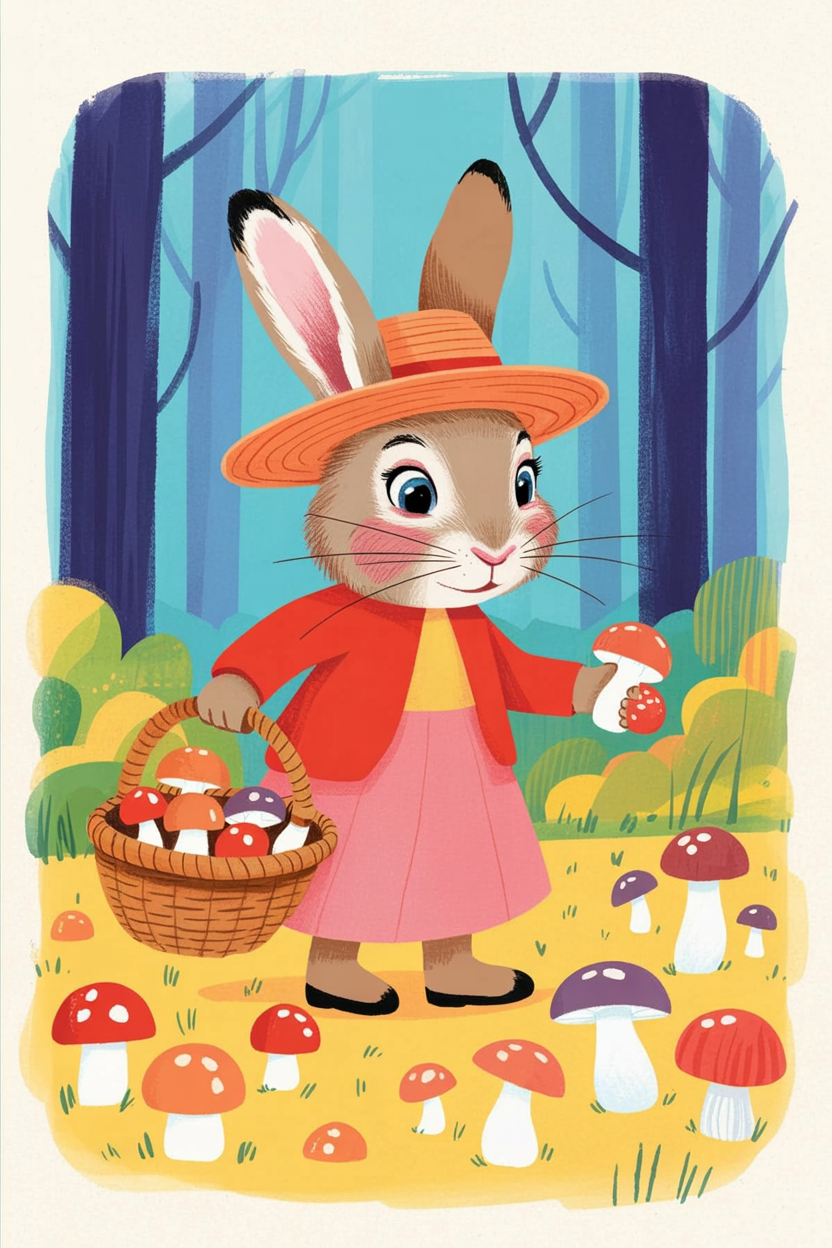 Children's book illustration of a rabbit foraging mushrooms