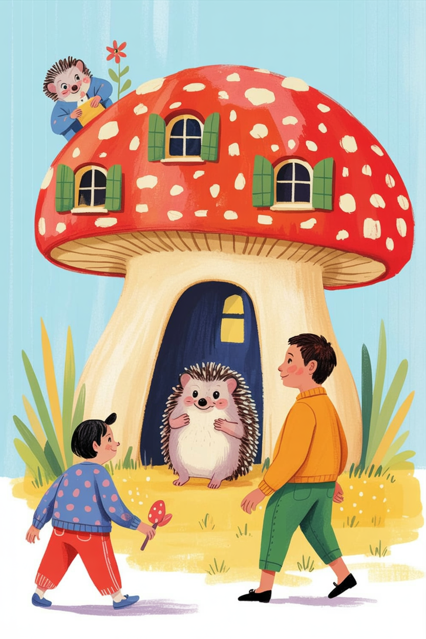 Children's book illustration of a hedgehog in a mushroom house