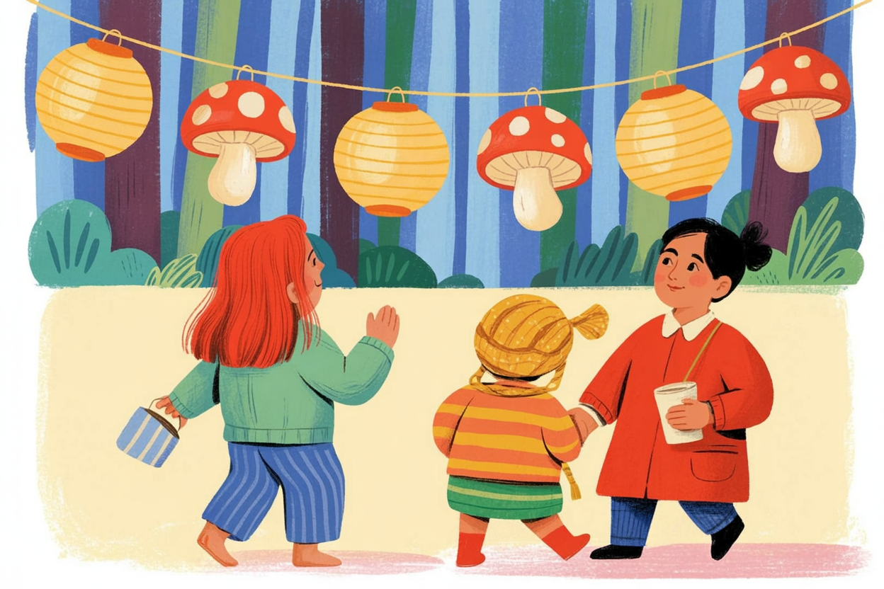 Children's book illustration of mushroom lanterns at a forest party