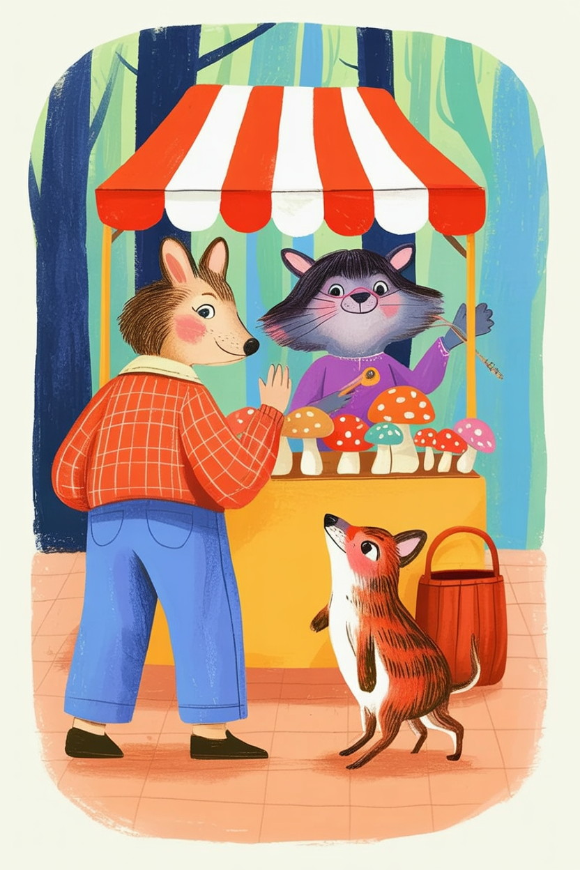Children's book illustration of a woodland mushroom market