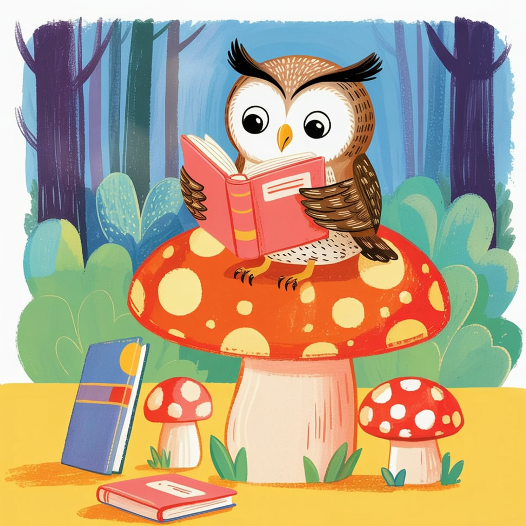 Children's book illustration of an owl reading by a glowing mushroom