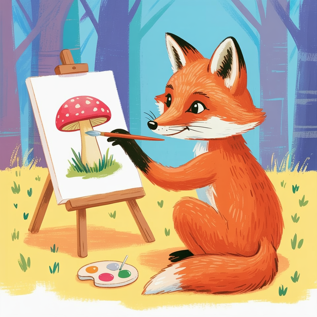 Children's book illustration of a fox painting a mushroom