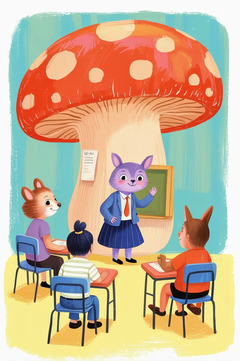 Children's book illustration of a mushroom school