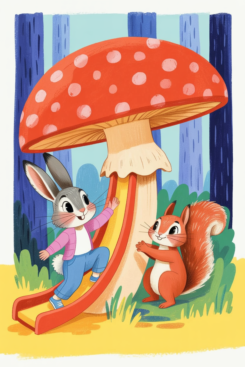 Children's book illustration of animals sliding on a mushroom