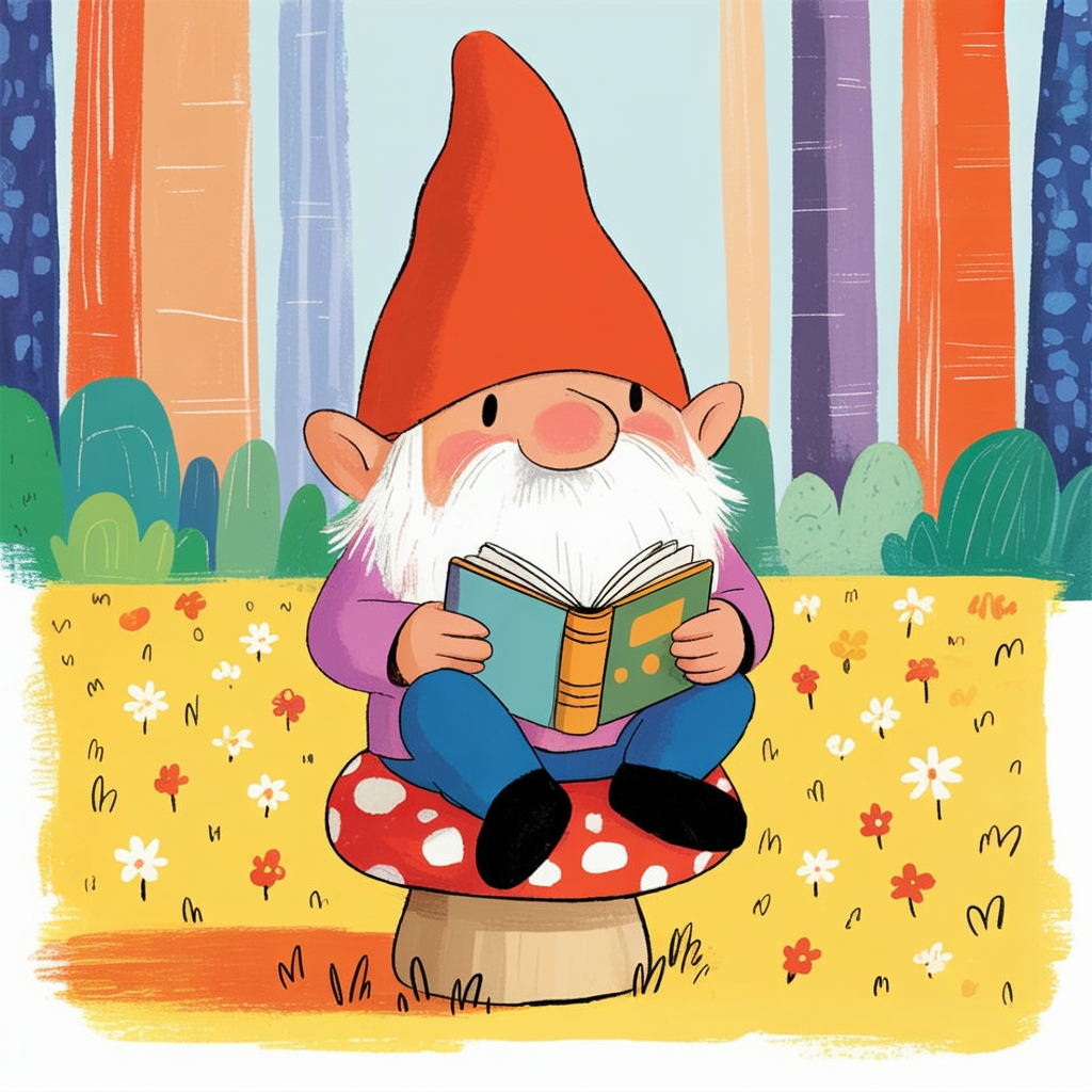 Children's book illustration of a gnome on a toadstool
