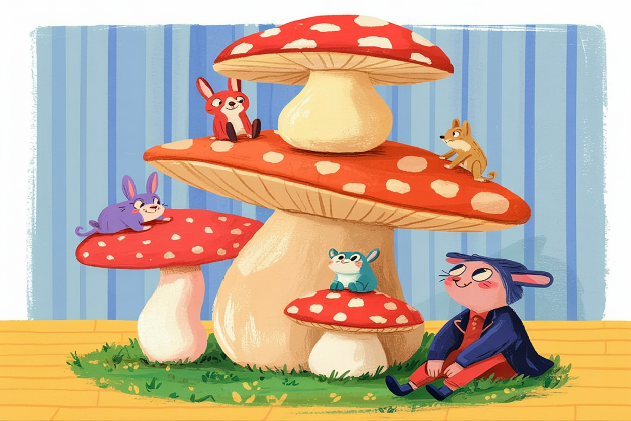 Children's book illustration of a toadstool tower
