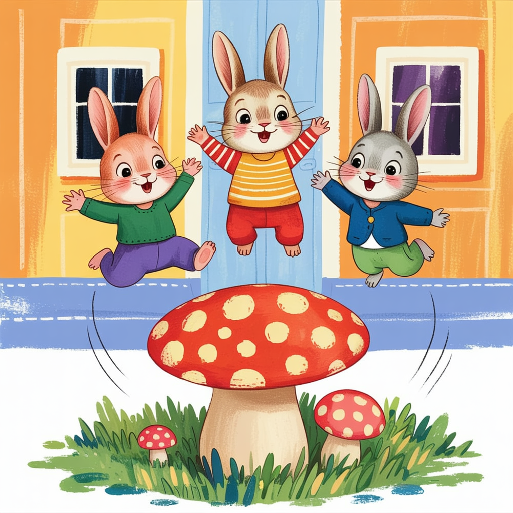 Children's book illustration of rabbits bouncing on a mushroom