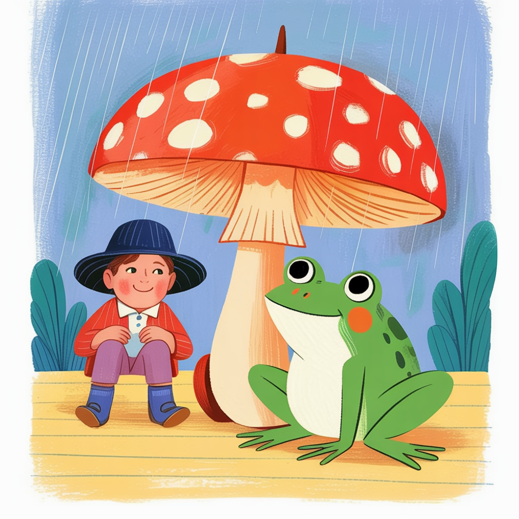 Children's book illustration of a frog under a mushroom