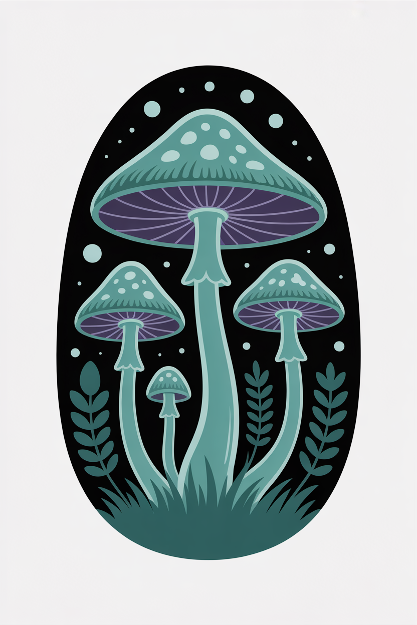 Flat vector illustration of magical glowing mushrooms