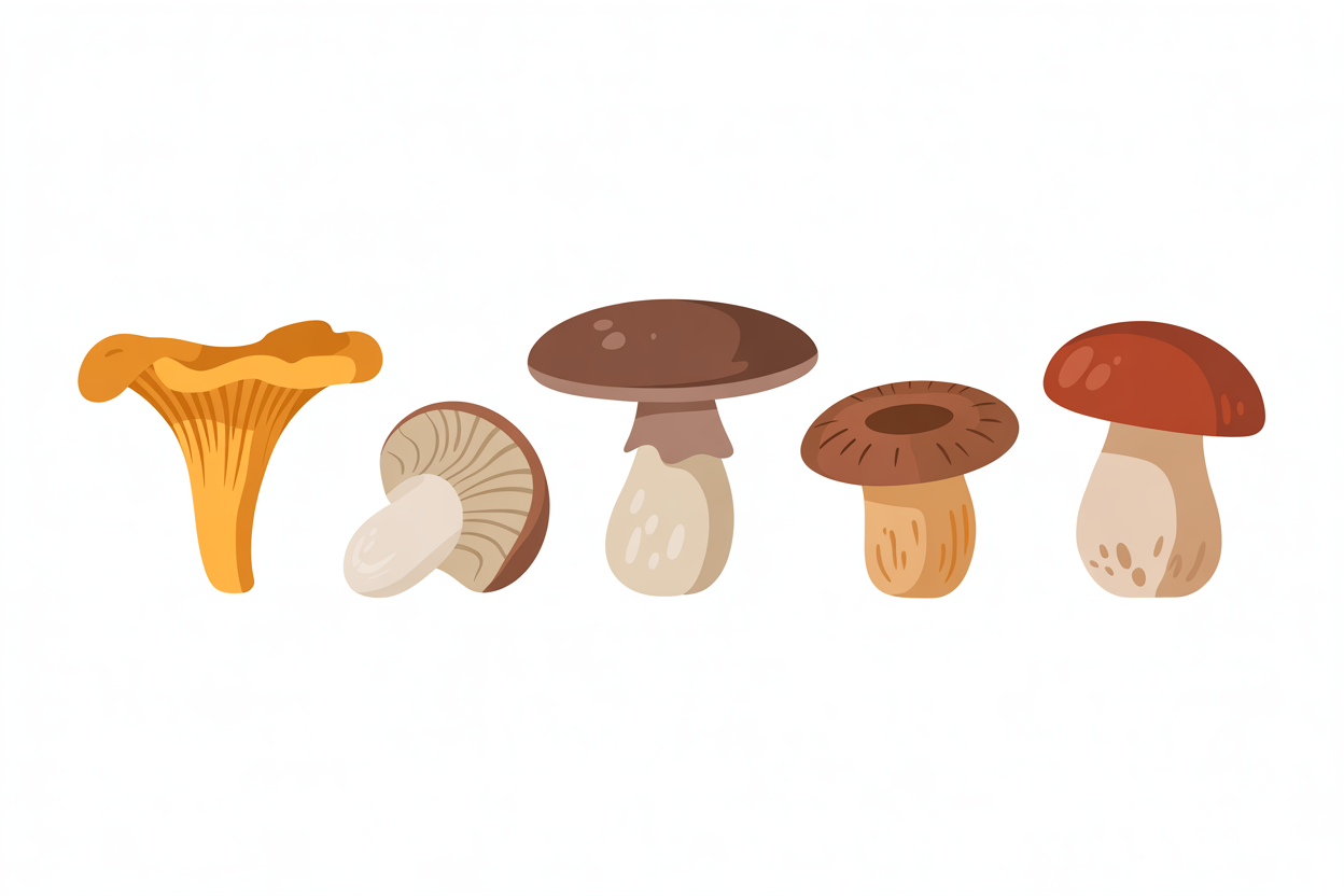 Flat vector illustration of various mushroom types