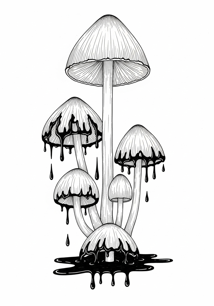 Line art illustration of ink cap mushrooms