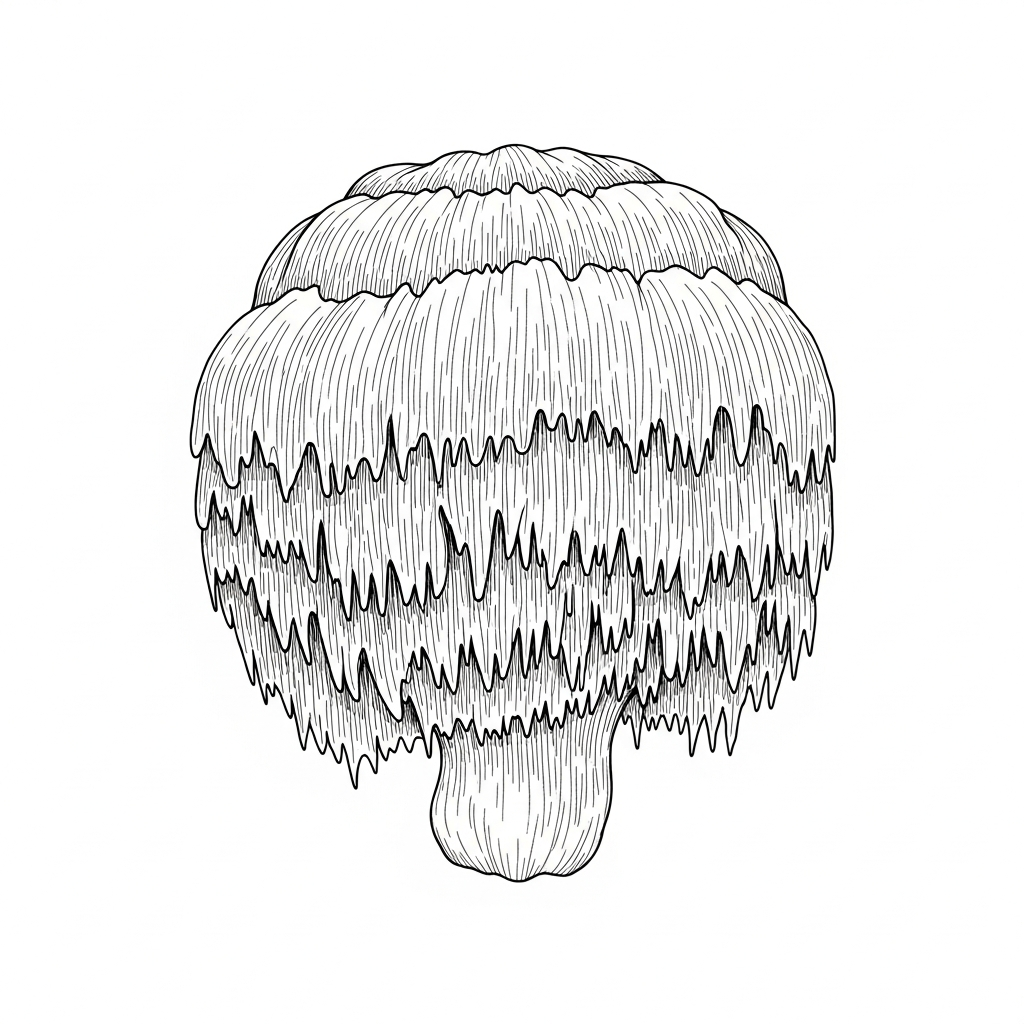 Line art illustration of a lion's mane mushroom