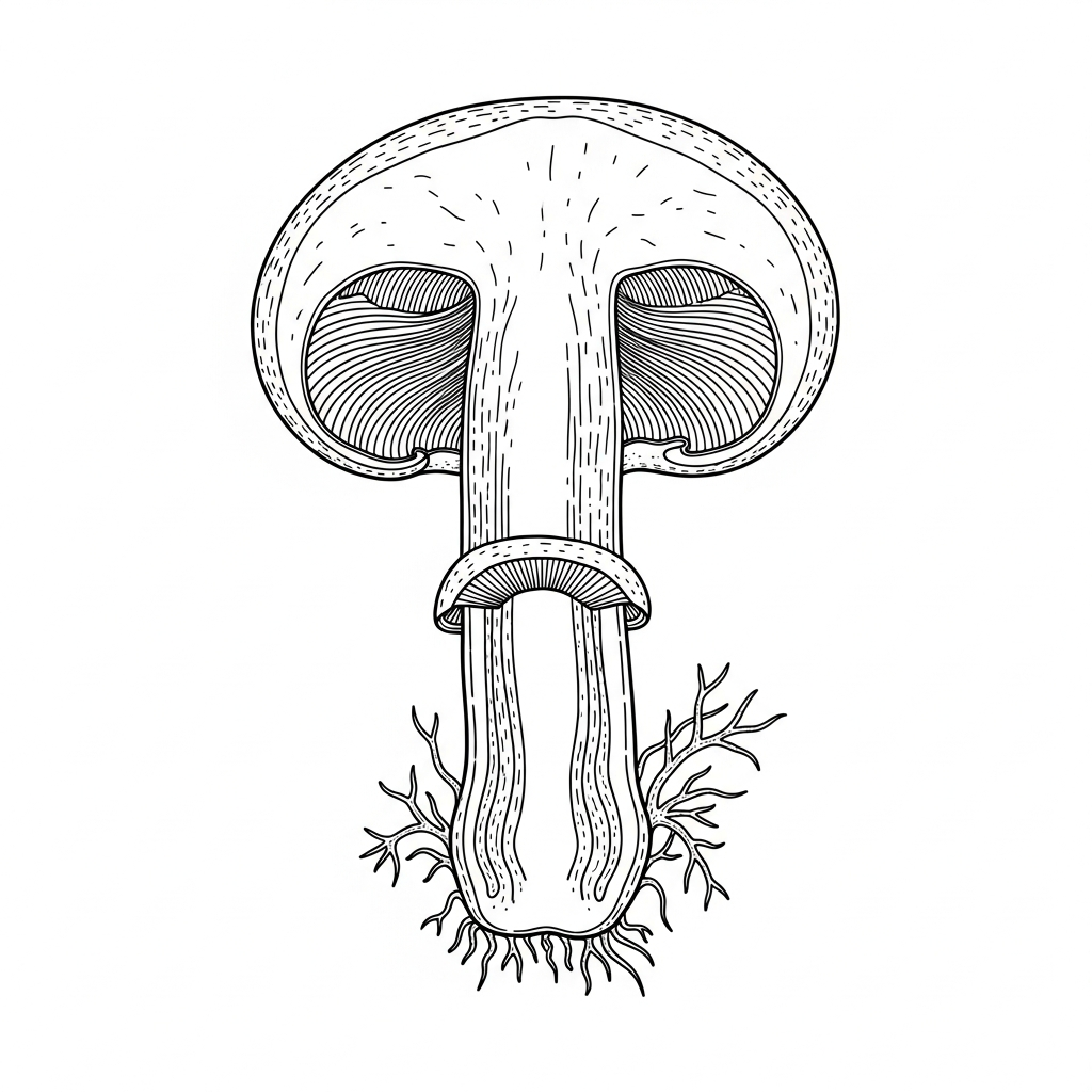 Line art illustration of mushroom anatomy