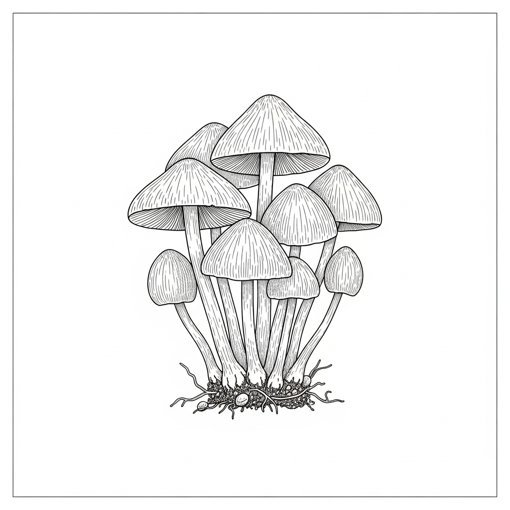 Line art illustration of a mushroom cluster