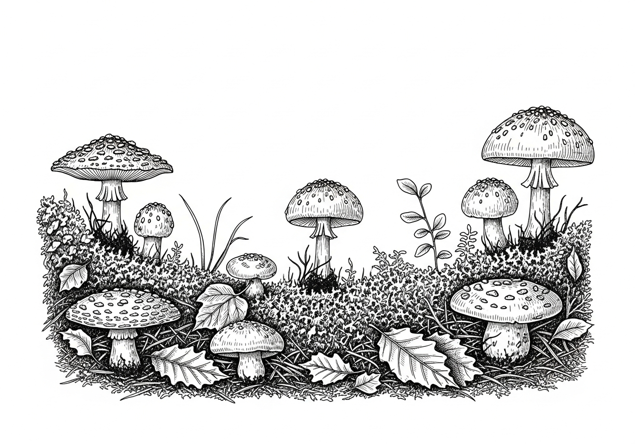 Line art illustration of mushrooms on a forest floor