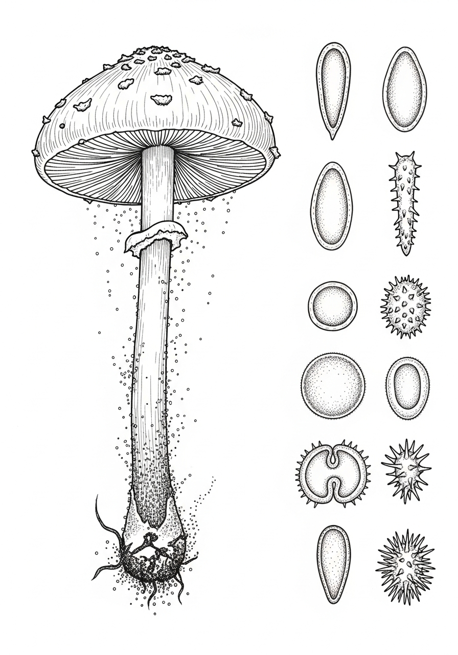 Line art illustration of mushroom spores