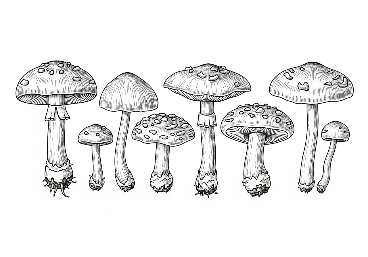 Line art illustration of mushroom varieties