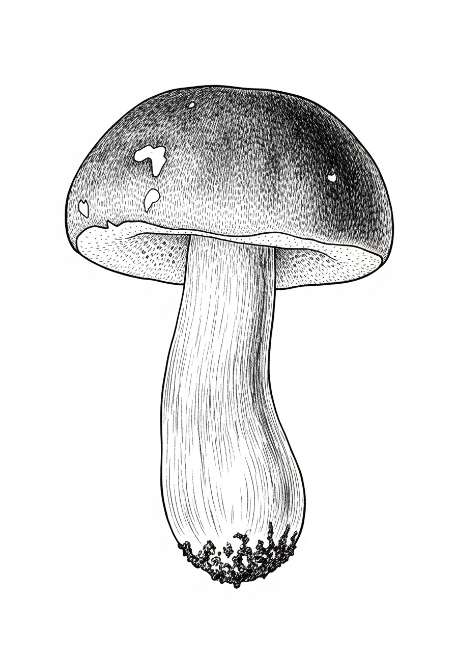 Line art illustration of a porcini mushroom