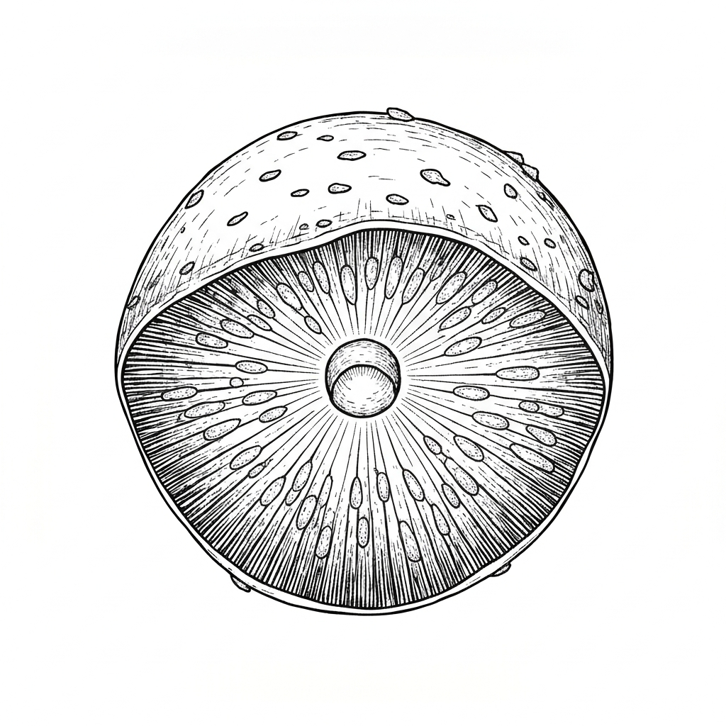 Line art illustration of a mushroom spore print