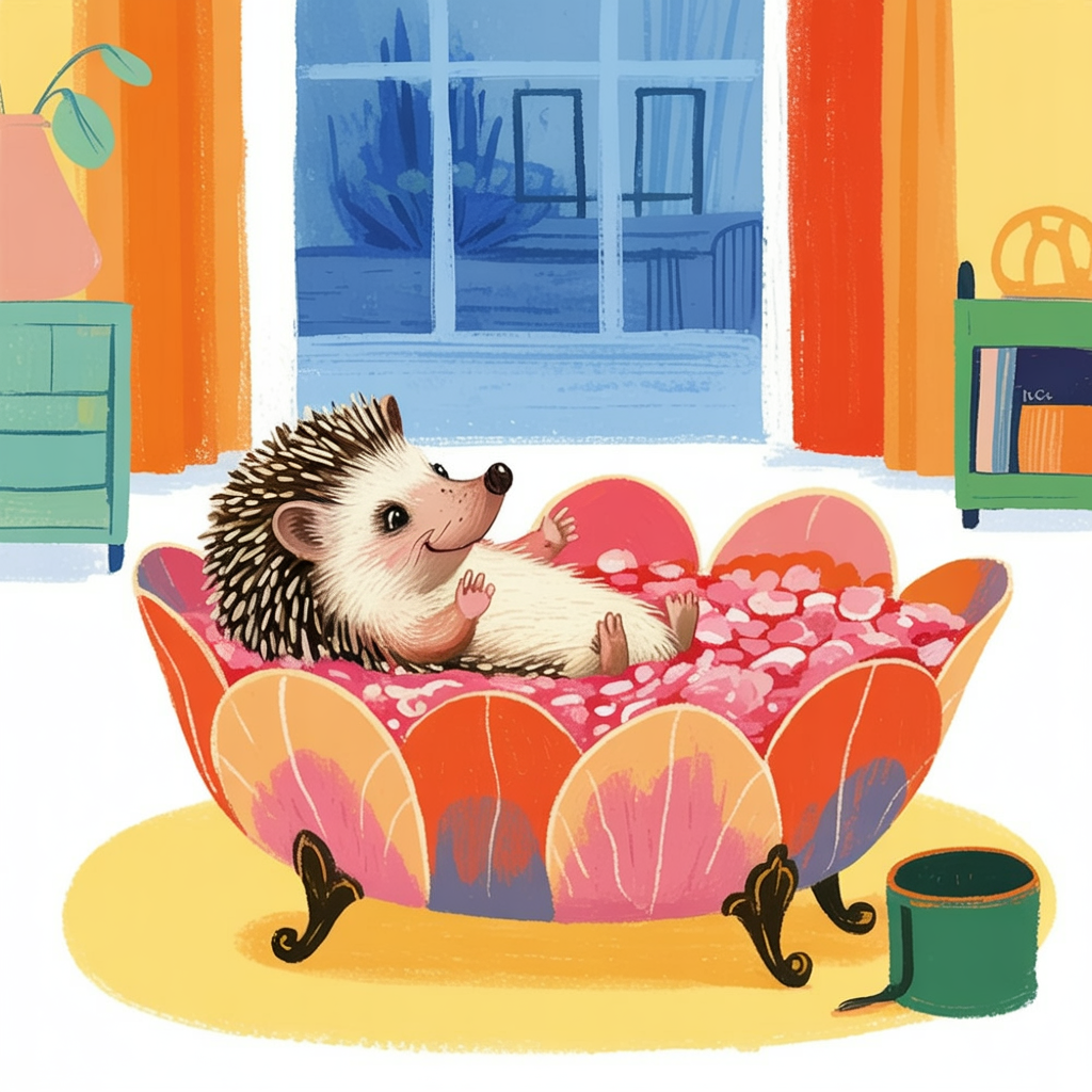 Children's book illustration of a hedgehog in a peony petal bath