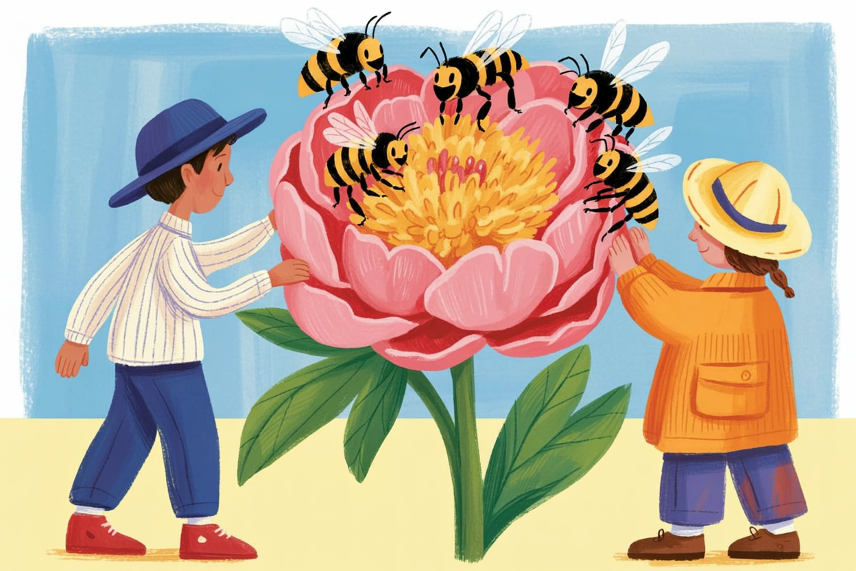 Children's book illustration of bees dancing around a peony