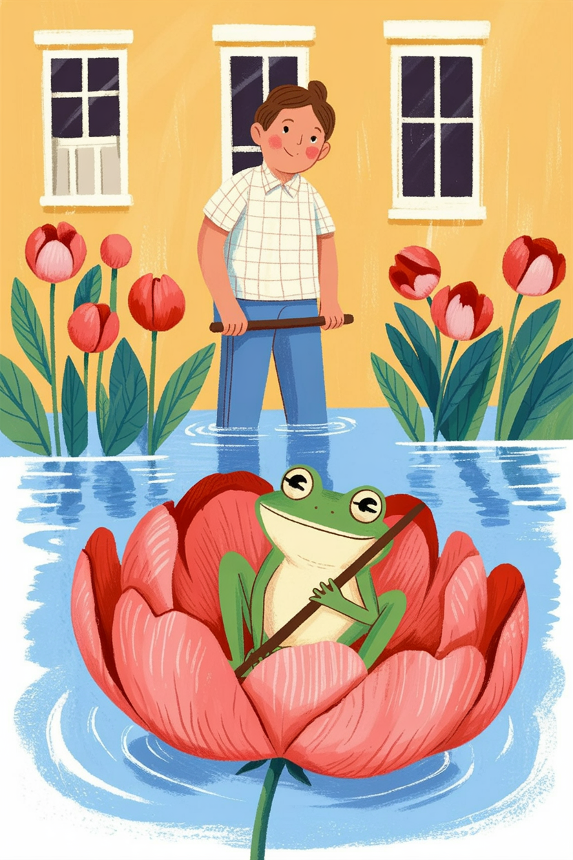 Children's book illustration of a frog on a peony boat