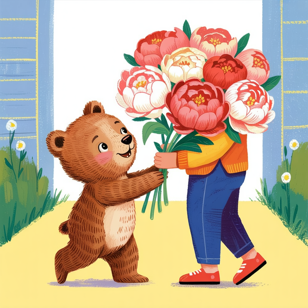 Children's book illustration of a bear giving a peony bouquet